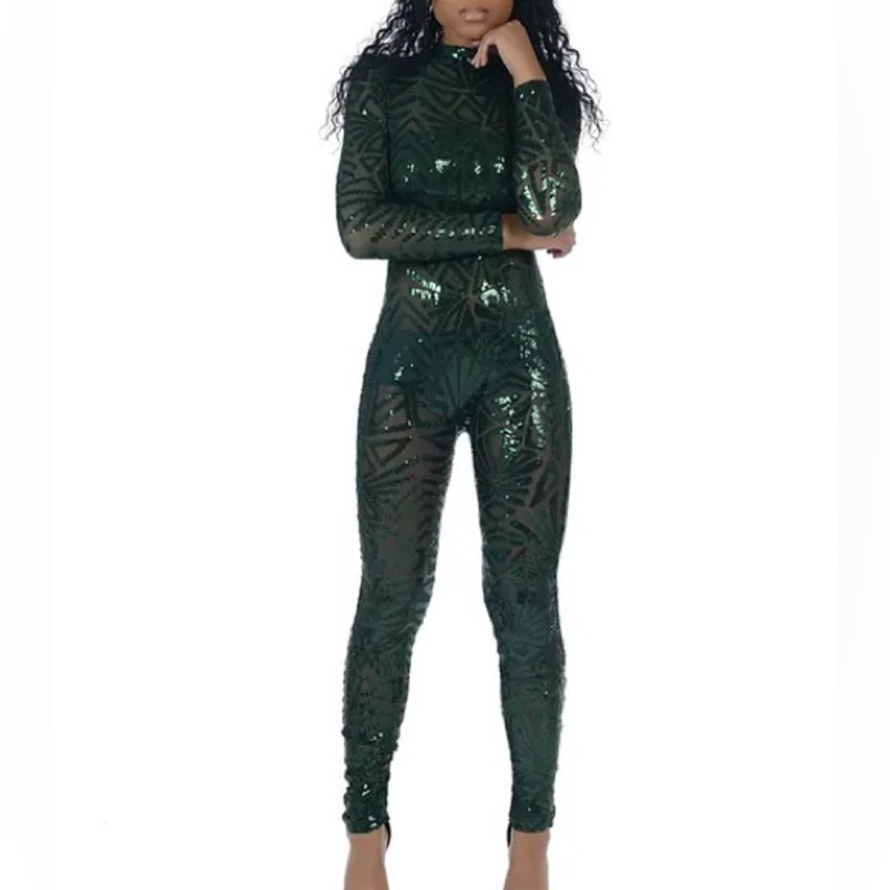 Long Sleeve Green Sequin Jumpsuit
